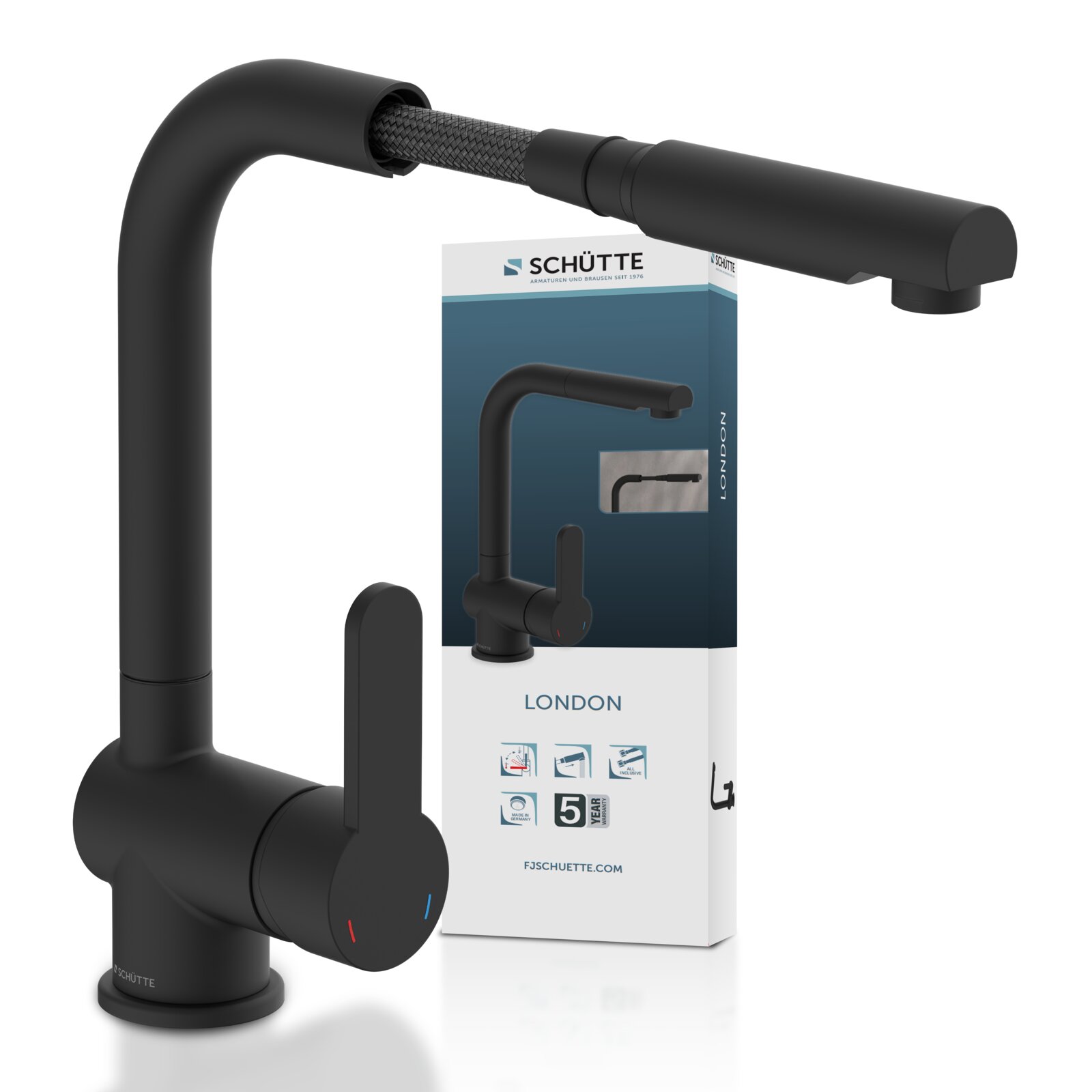 Schütte Keukenkraan LONDEN Zwarte keukenkraan met een modern ontwerp, hendel aan de zijkant en flexibele uitloop, productverpakking op de achtergrond, zijaanzicht