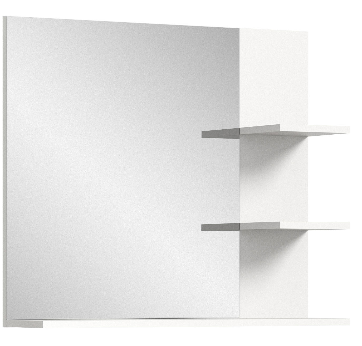 Moderner Wandspiegel mit zwei seitlichen Regalböden, Frontalansicht
