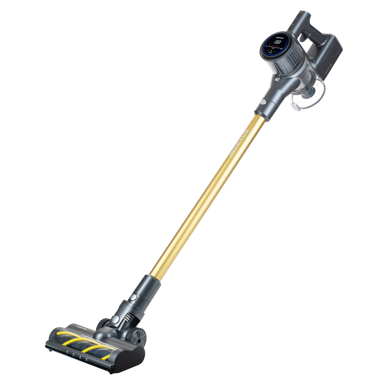 Kabelloser Staubsauger Invictus X8 Pro in goldener Farbe, seitliche Perspektive
