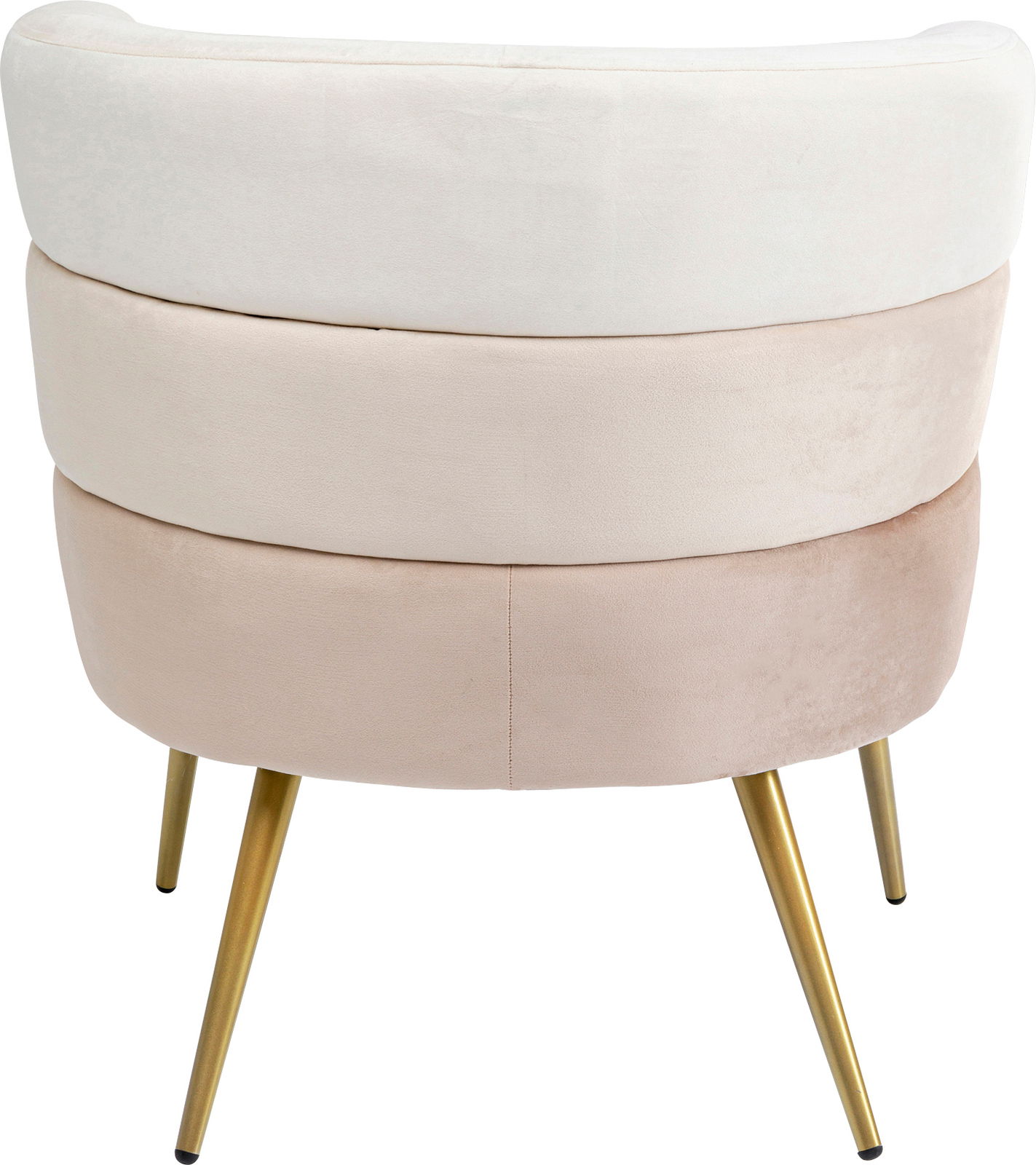 Rückansicht eines modernen Sessels mit dreifarbiger Polsterung in Weiß, Beige und Hellbraun, auf goldenen Metallbeinen.