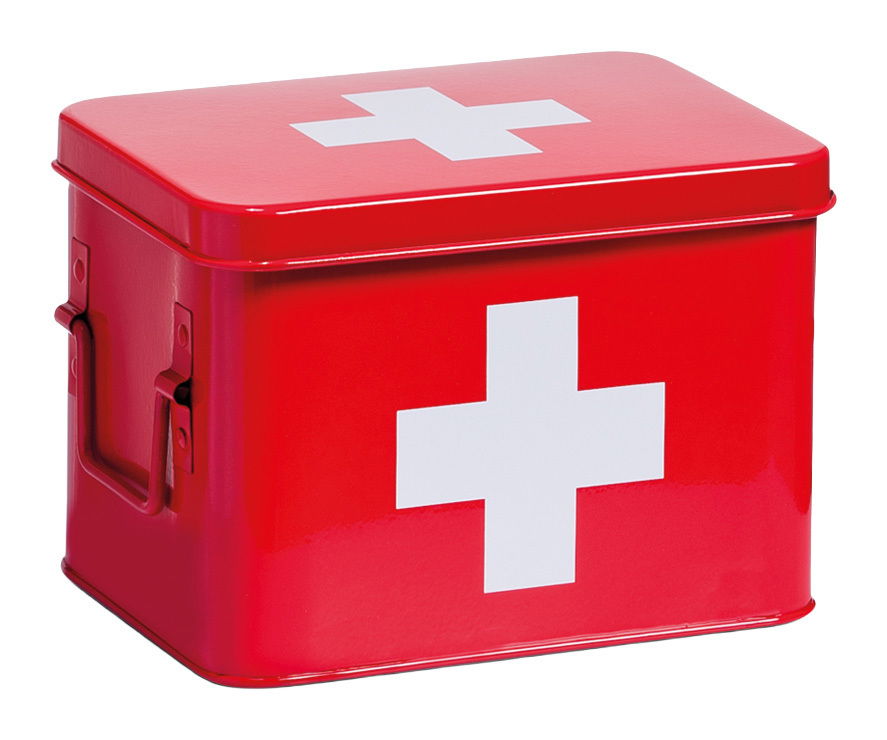 Rote Metall-Medizinbox mit weißem Kreuz, seitliche Perspektive