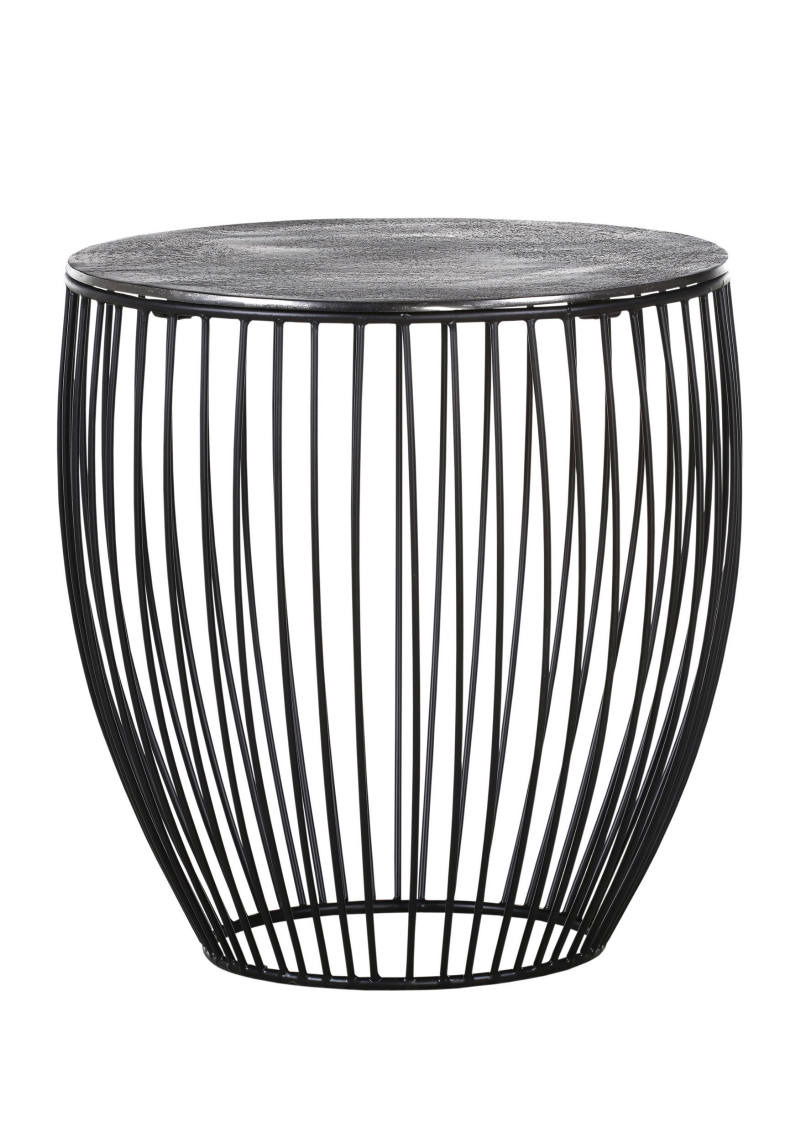 Moderner runder Beistelltisch aus schwarzem Metall mit Gitterdesign, seitliche Perspektive