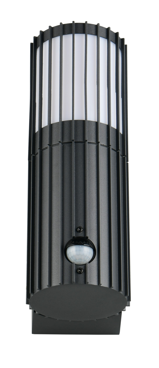 Moderne schwarze Außenwandleuchte mit vertikalen Streben und integriertem Bewegungssensor, Frontalansicht