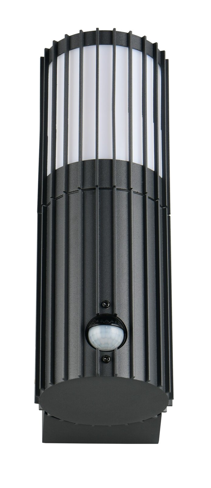 Moderne zwarte buitenwandlamp met verticale steunen en ingebouwde bewegingssensor, vooraanzicht