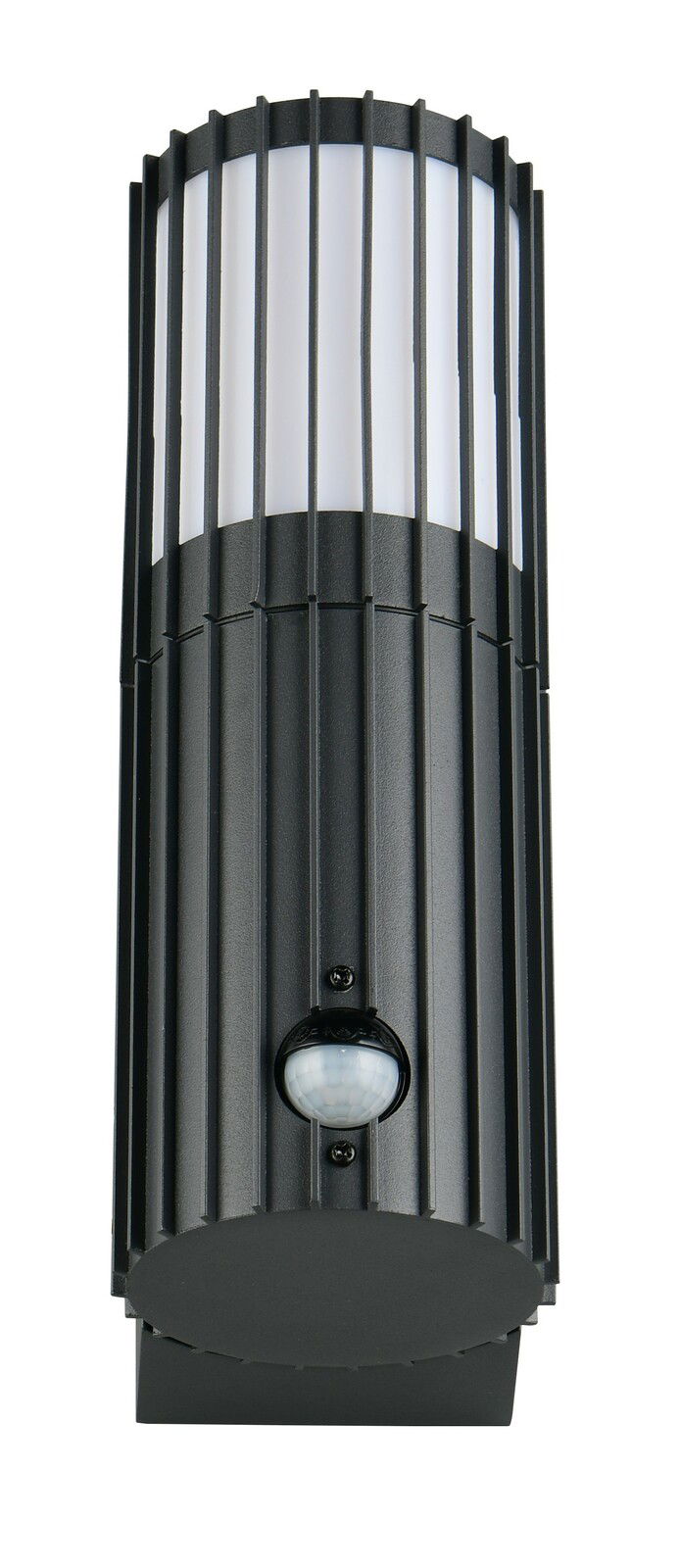 Moderne schwarze Außenwandleuchte mit vertikalen Streben und integriertem Bewegungssensor, Frontalansicht