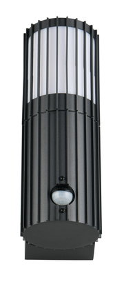 Moderne zwarte buitenwandlamp met verticale steunen en ingebouwde bewegingssensor, vooraanzicht