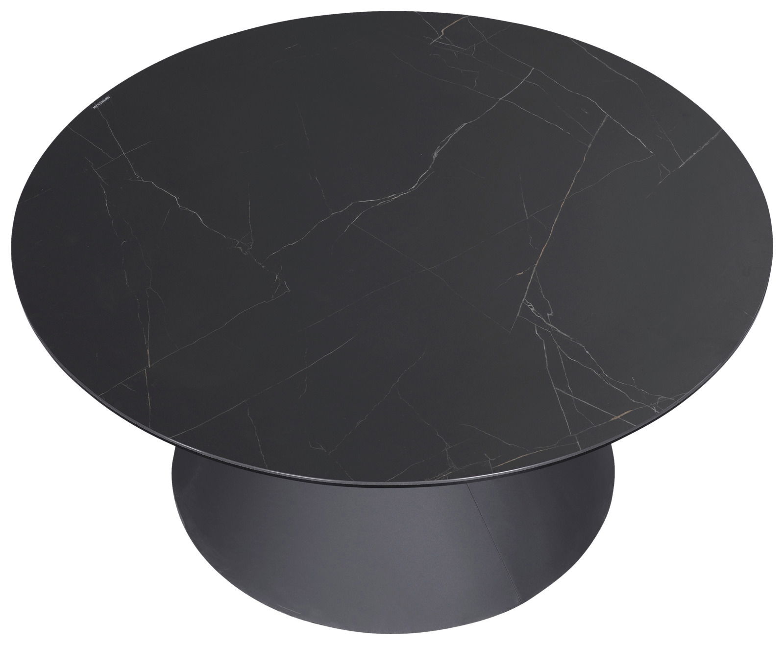 Runder Couchtisch mit schwarzer Marmoroptik, Ansicht von oben.