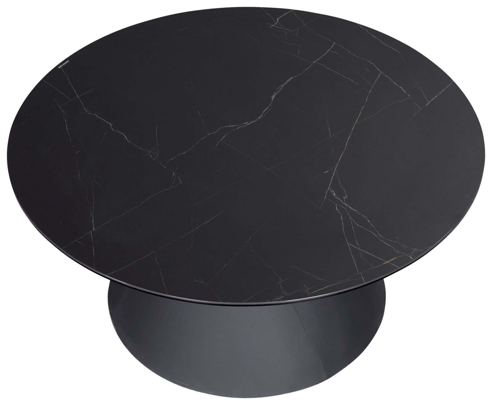 Runder Couchtisch mit schwarzer Marmoroptik, Ansicht von oben.