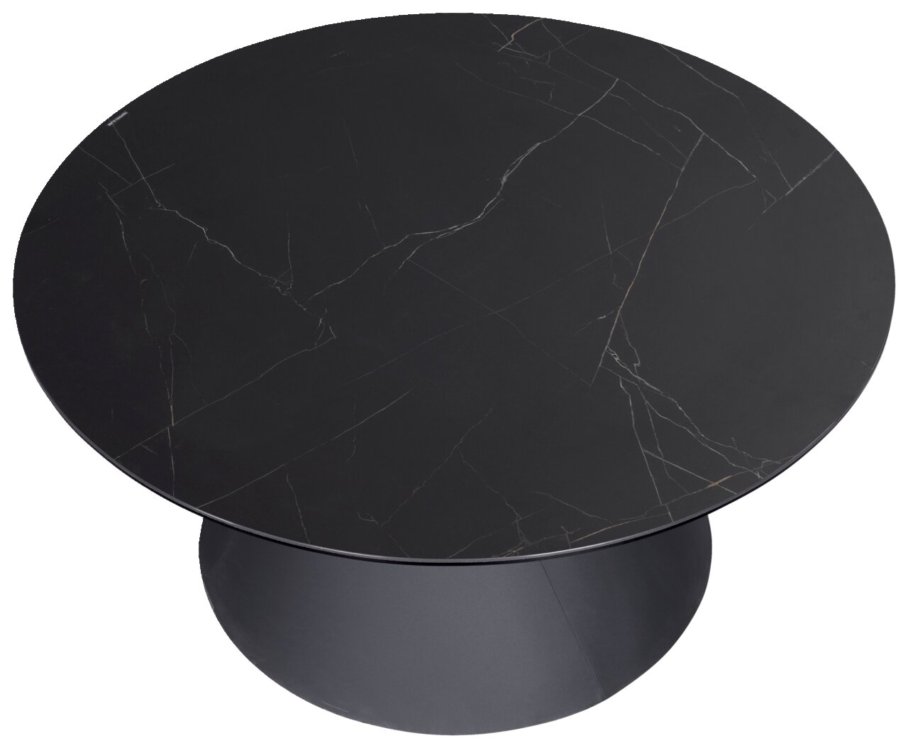 Ronde salontafel met zwarte marmerlook, gezien van bovenaf.