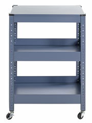 Frontansicht eines blauen Servierwagens mit drei Regalböden und Rollen.