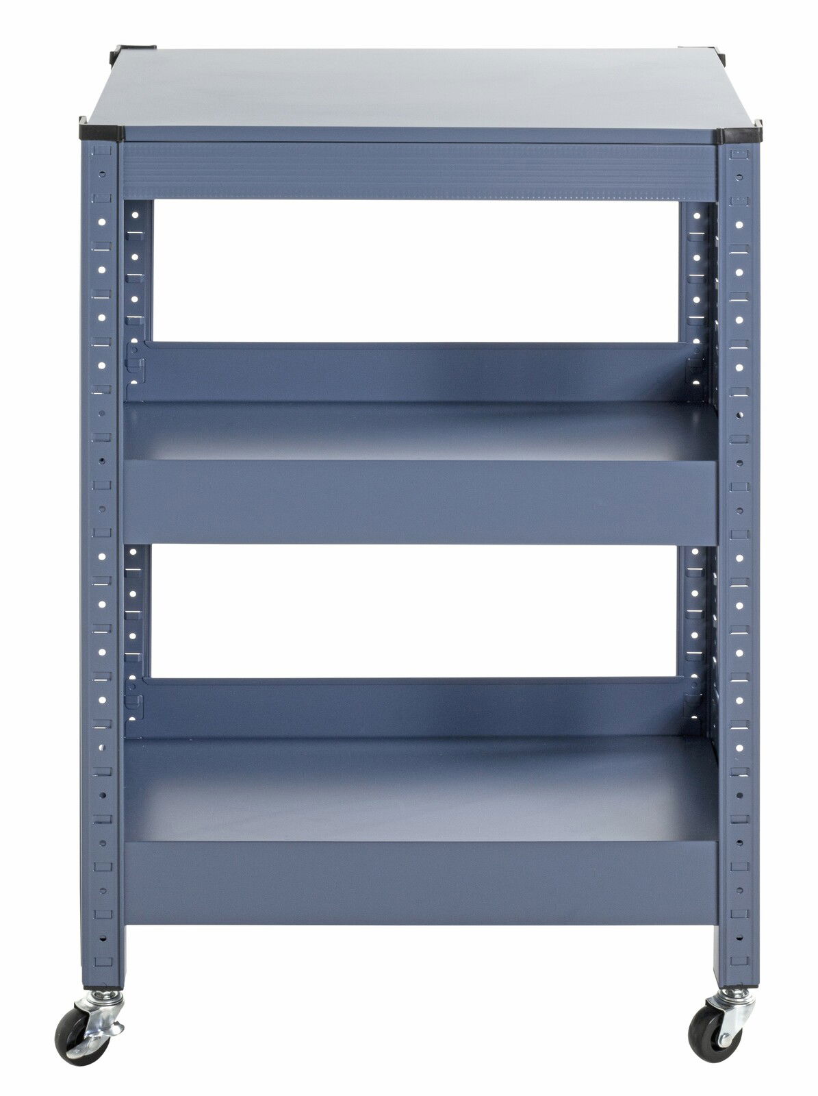 Frontansicht eines blauen Servierwagens mit drei Regalböden und Rollen.