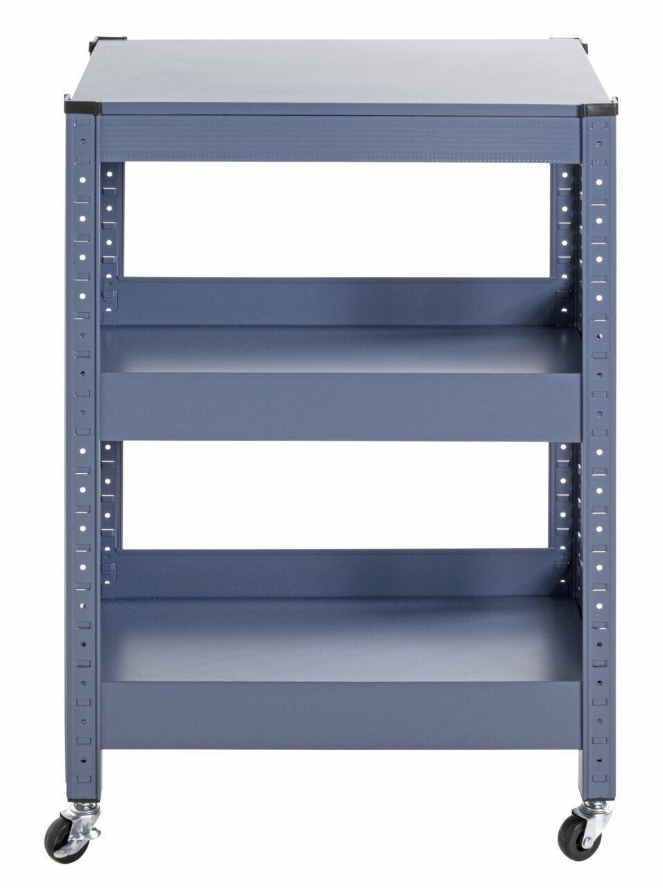 Vooraanzicht van een blauwe serveerwagen met drie planken en wieltjes.