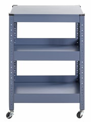 Vooraanzicht van een blauwe serveerwagen met drie planken en wieltjes.