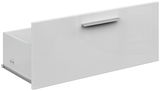 Weiße Schublade mit glänzender Front und silbernem Griff, seitliche Perspektive