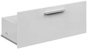 Weiße Schublade mit glänzender Front und silbernem Griff, seitliche Perspektive