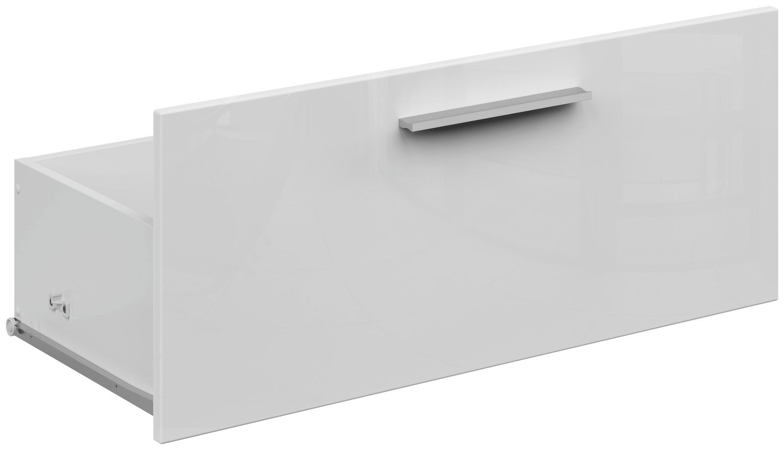 Voleo Schublade CONNECT Weiße Schublade mit glänzender Front und silbernem Griff, seitliche Perspektive