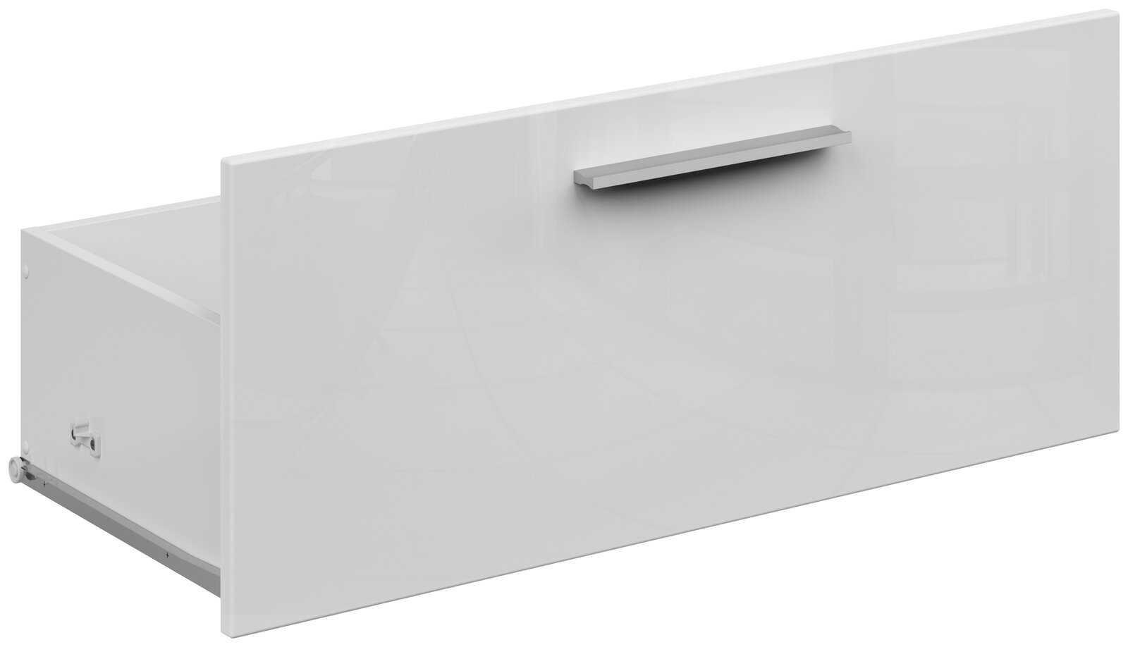 Voleo Schublade CONNECT Weiße Schublade mit glänzender Front und silbernem Griff, seitliche Perspektive