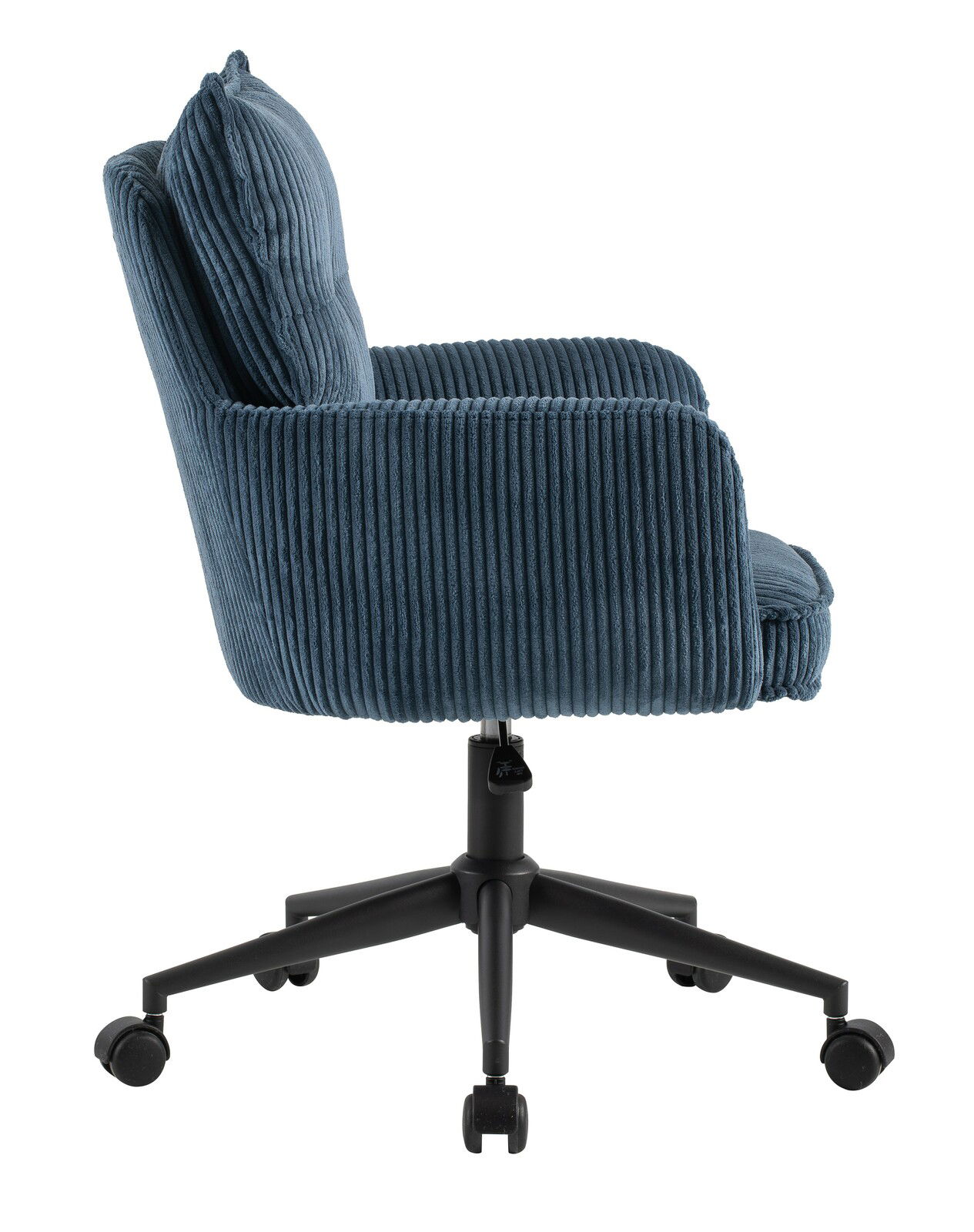Seitenansicht eines blauen Drehstuhls mit geripptem Stoffbezug und schwarzem Fußkreuz auf Rollen.