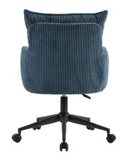 Rückansicht eines blauen Drehstuhls mit geripptem Stoffbezug und schwarzem Fußgestell auf Rollen.