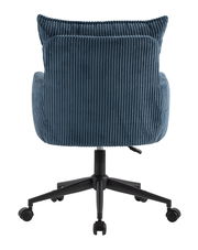 Rückansicht eines blauen Drehstuhls mit geripptem Stoffbezug und schwarzem Fußgestell auf Rollen.