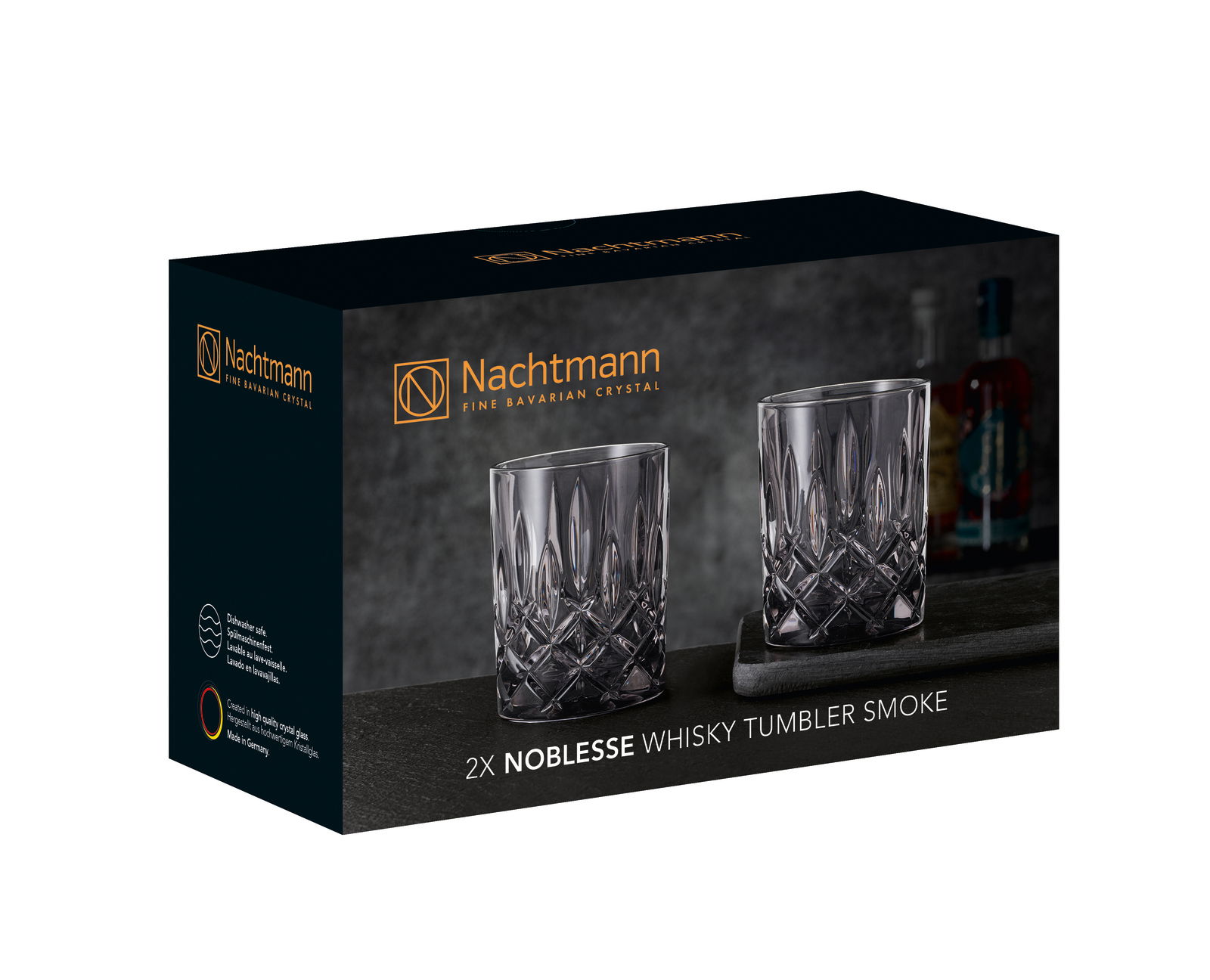 Zwei edle Whiskybecher im Set, präsentiert in einer stilvollen Verpackung mit seitlicher Perspektive.