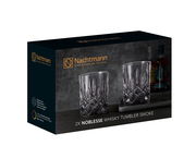 Zwei edle Whiskybecher im Set, präsentiert in einer stilvollen Verpackung mit seitlicher Perspektive.