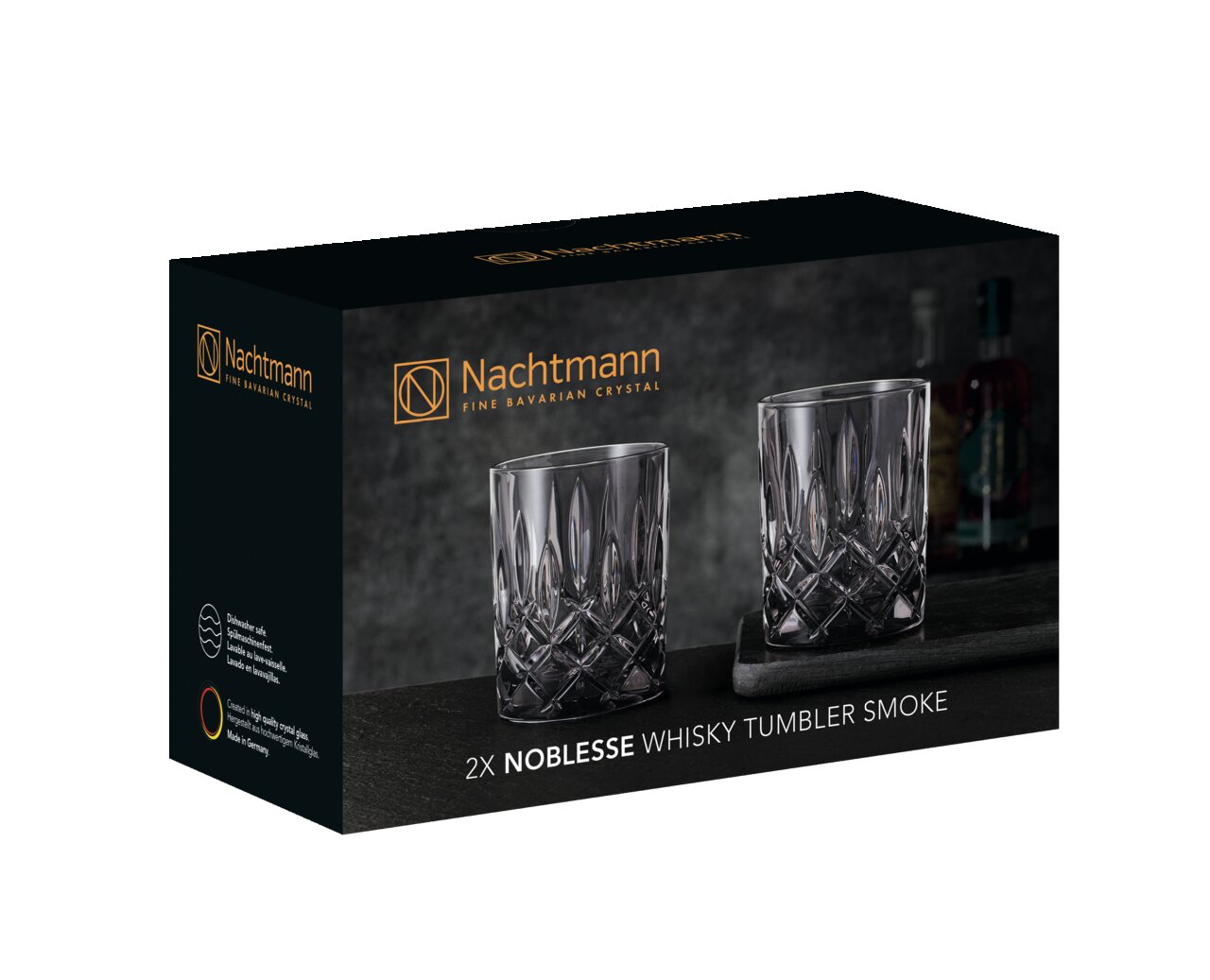 Nachtmann Set van 2 whiskyglazen NOBLESSE Zwei edle Whiskybecher im Set, präsentiert in einer stilvollen Verpackung mit seitlicher Perspektive.