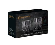 Een set van twee elegante whiskyglazen, gepresenteerd in een stijlvolle verpakking met een zijaanzicht.