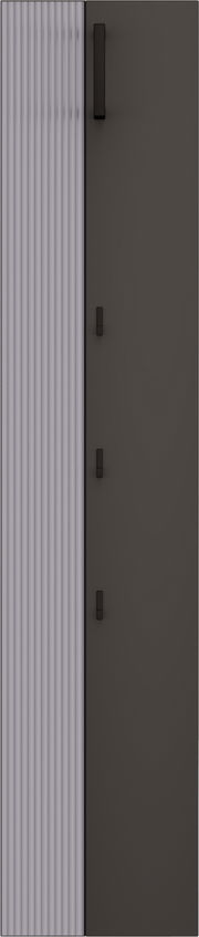 Garderobenpaneel mit vertikalen Streifen und mehreren Haken, seitliche Perspektive