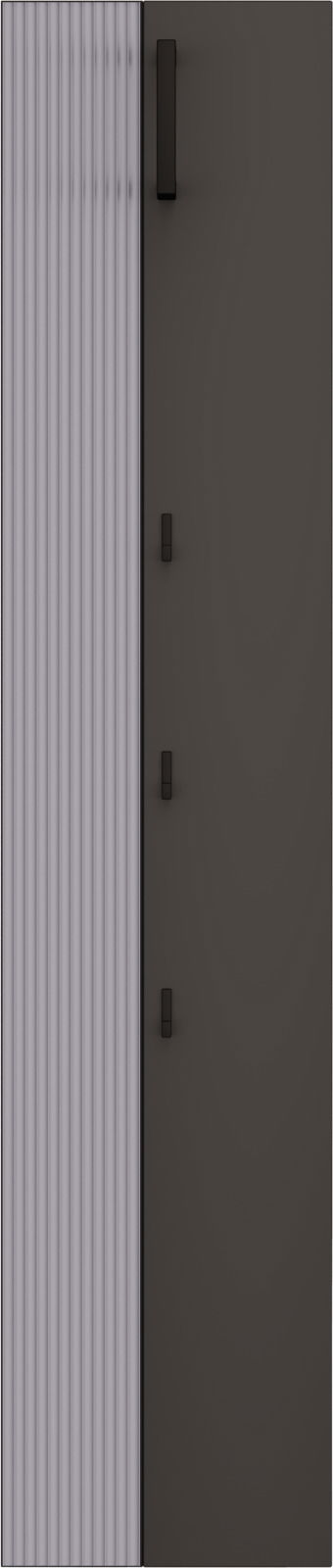 Garderobenpaneel mit vertikalen Streifen und mehreren Haken, seitliche Perspektive