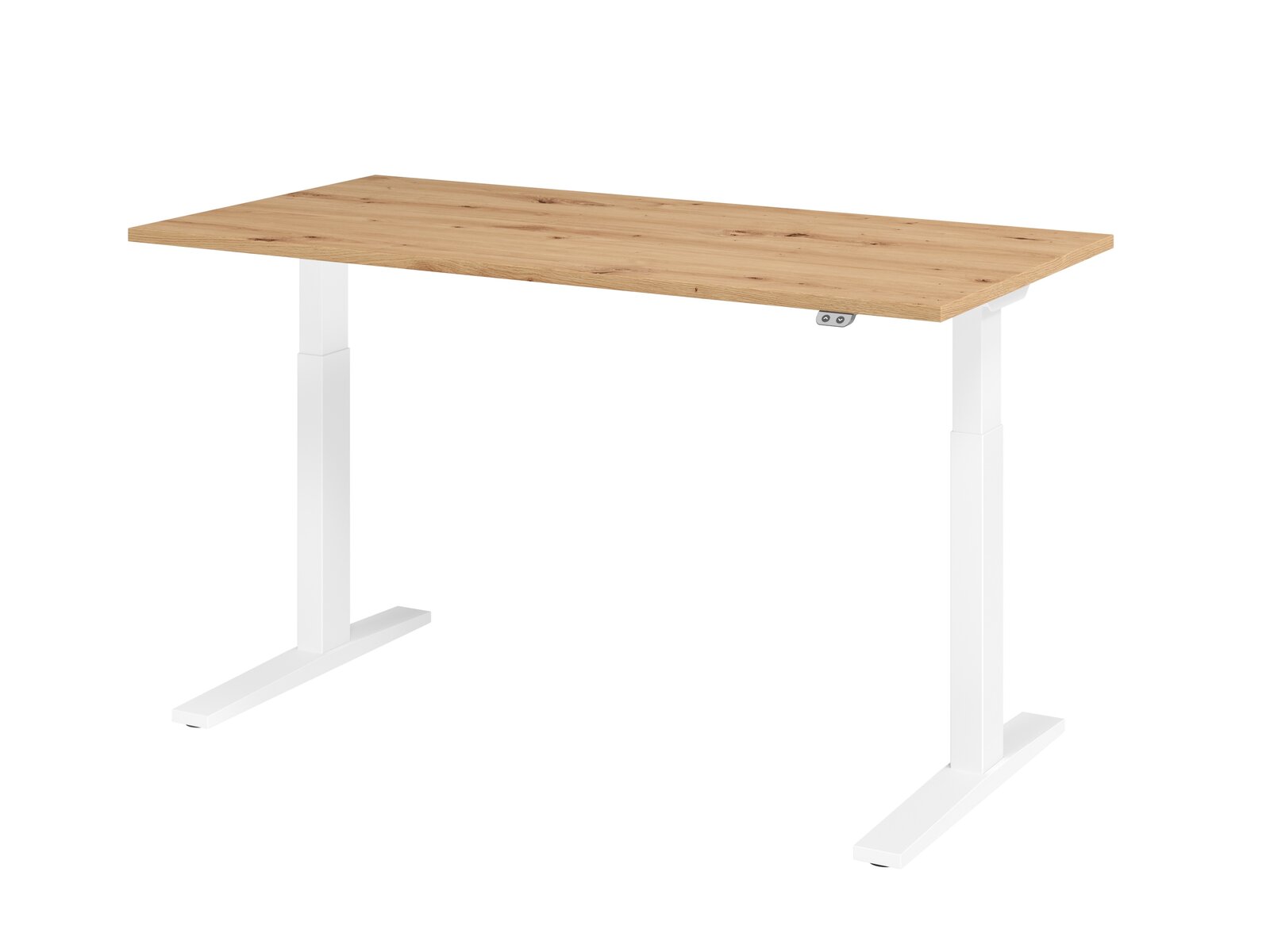 Moderner E-Schreibtisch mit weißem Gestell und Holzplatte, seitliche Perspektive