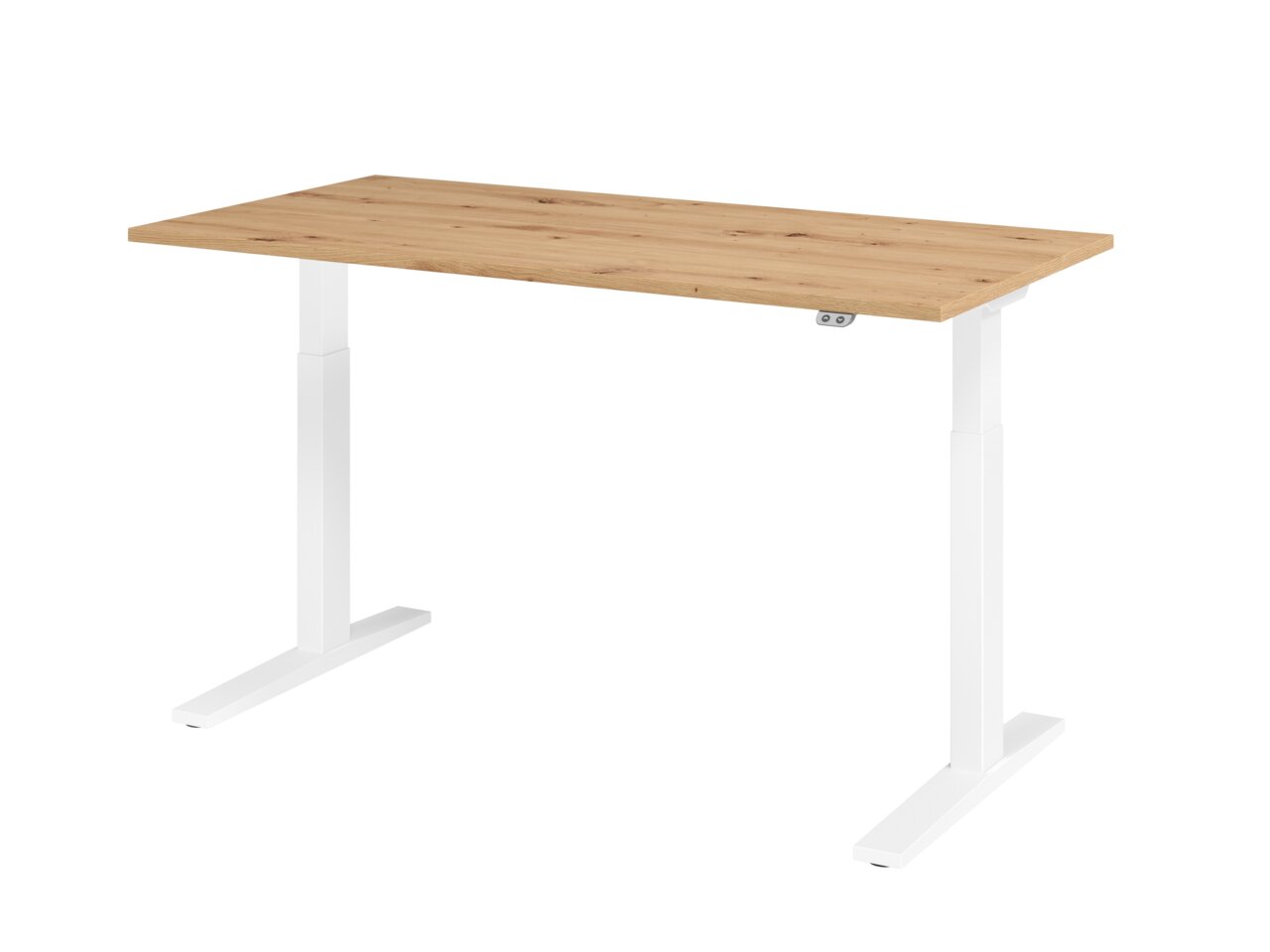 Moderner E-Schreibtisch mit weißem Gestell und Holzplatte, seitliche Perspektive