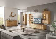 Modernes Wohnzimmer mit heller Massivholz-Wohnwand (Lowboard mit TV, Wandvitrine und Regal) sowie Sideboard und Hochschrank, Frontansicht in leichter Weitwinkelperspektive von links.