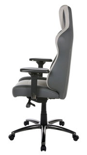 Seitenansicht eines grauen Gaming-Stuhls mit verstellbaren Armlehnen und ergonomischem Design.