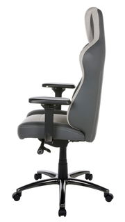 Seitenansicht eines grauen Gaming-Stuhls mit verstellbaren Armlehnen und ergonomischem Design.
