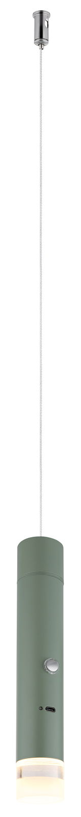 Globo Lighting Akku-Pendelleuchte PELO Moderne Akku-Pendelleuchte in zylindrischer Form, hängend von der Decke, mit grünem Gehäuse und silbernem Deckenanschluss, seitliche Ansicht.