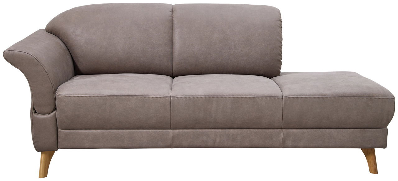 Graue Recamiere mit linkem Armteil, frontal fotografiert, auf Holzfüßen stehend.