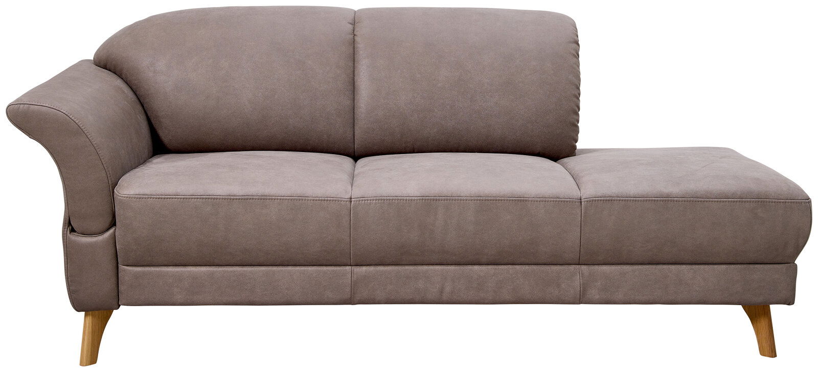 Graue Recamiere mit linkem Armteil, frontal fotografiert, auf Holzfüßen stehend.