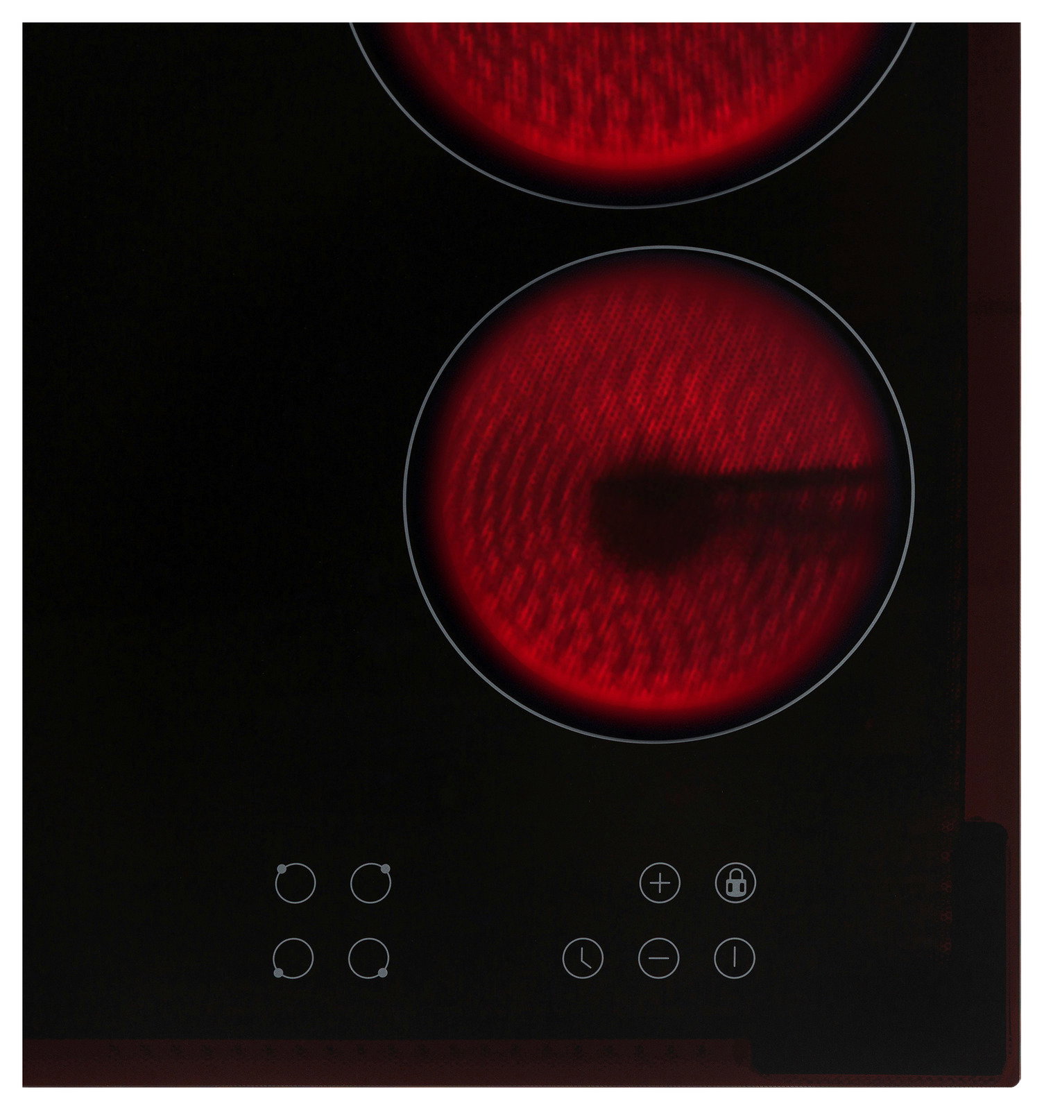 Glaskeramikkochfeld mit zwei leuchtenden Kochzonen und Bedienelementen in der Vorderansicht