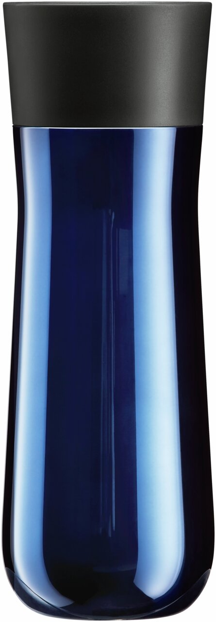 Blauer Impulse Isolierbecher 0,35l mit schwarzem Deckel, frontale Ansicht