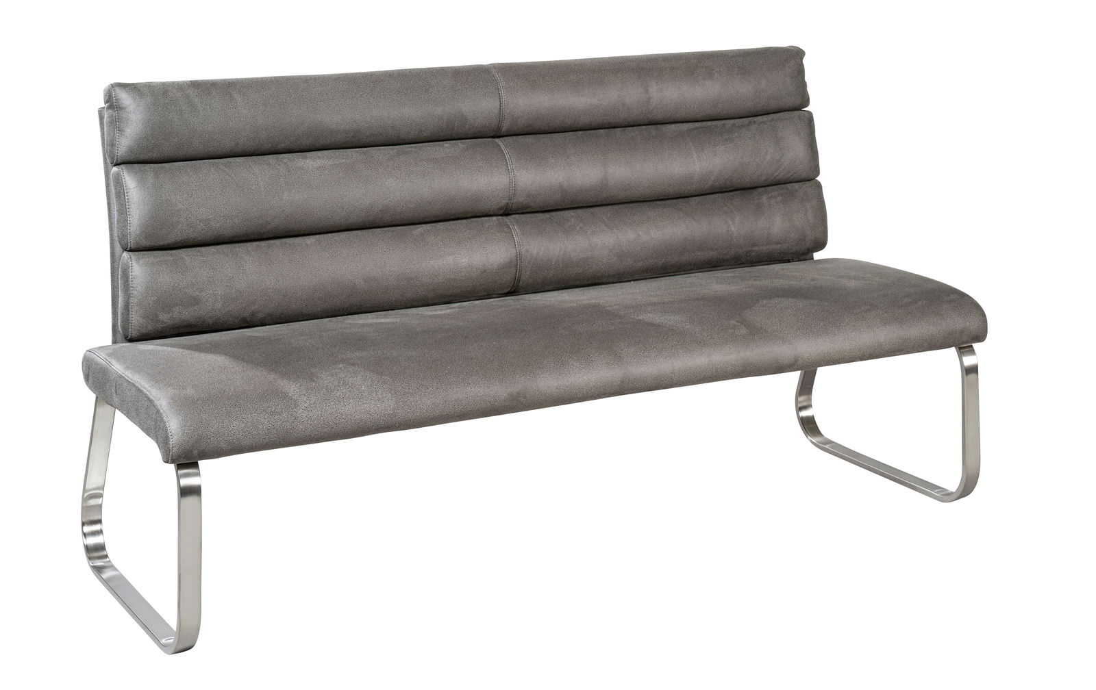 Graue Polsterbank mit gebürsteten Metallbeinen, seitliche Perspektive