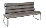 Graue Polsterbank mit gebürsteten Metallbeinen, seitliche Perspektive