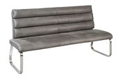 Graue Polsterbank mit gebürsteten Metallbeinen, seitliche Perspektive
