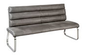 Graue Polsterbank mit gebürsteten Metallbeinen, seitliche Perspektive