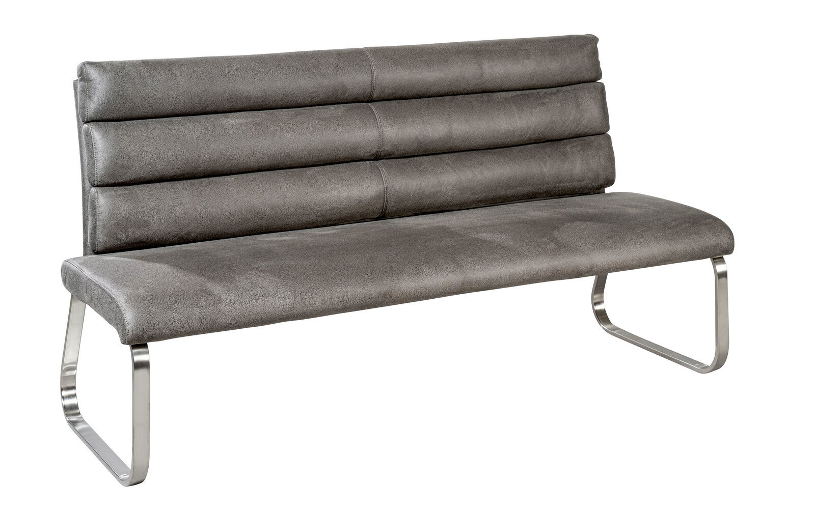 Graue Polsterbank mit gebürsteten Metallbeinen, seitliche Perspektive