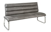 Graue Polsterbank mit gebürsteten Metallbeinen, seitliche Perspektive