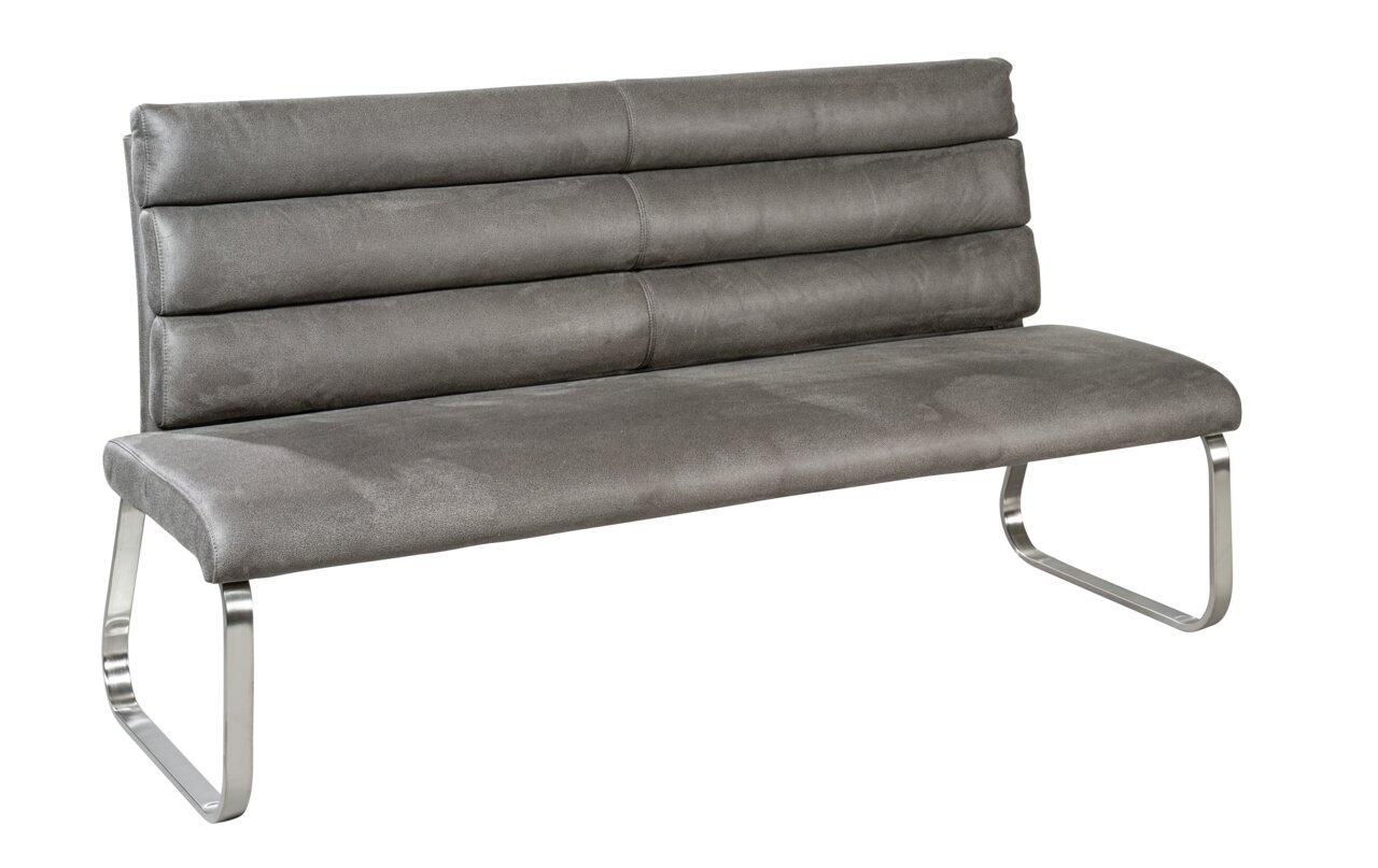 Grijze bank met bekleding en geborstelde metalen poten, zijaanzicht
