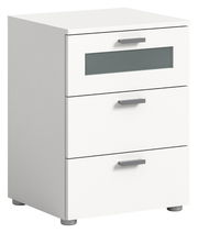 Weiße Nachtkommode mit drei Schubladen, moderne Griffe, seitliche Perspektive