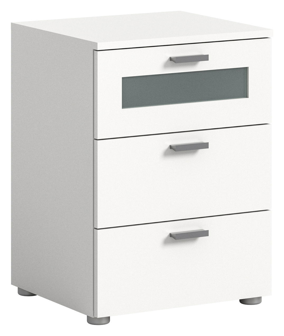 Weiße Nachtkommode mit drei Schubladen, moderne Griffe, seitliche Perspektive