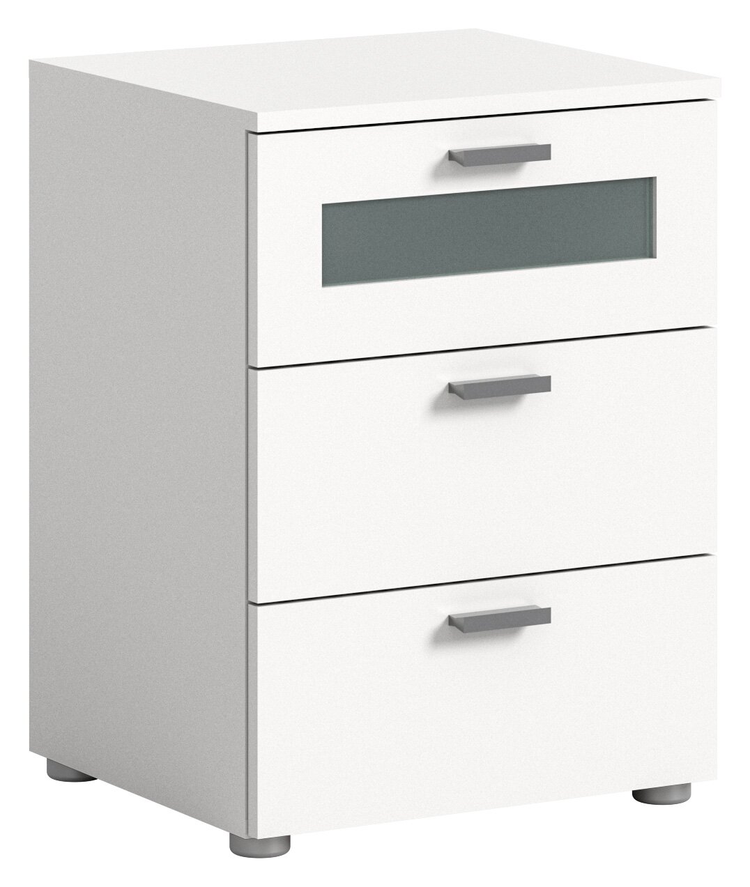MID.YOU Nachtkommode XENO Weiße Nachtkommode mit drei Schubladen, moderne Griffe, seitliche Perspektive